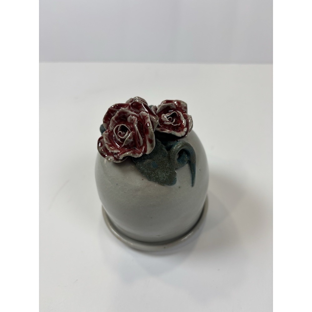 Handmade Studio Pottery Ring Holder Jewelry Trinket Dish Red Roses Gray Glaze